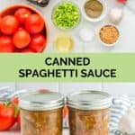 Canned spaghetti sauce ingredients and two jars of the sauce.