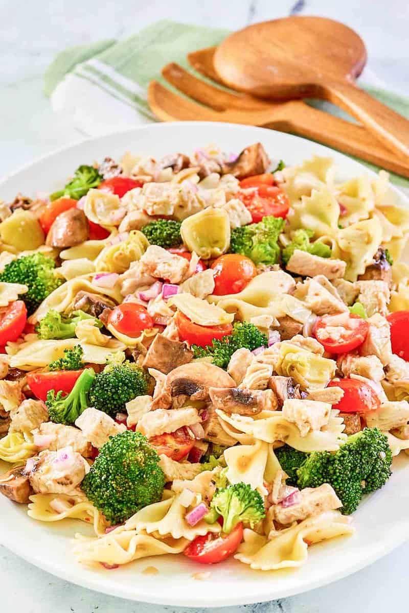 Chicken Pasta Salad with vegetables on a platter.