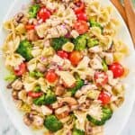 Overhead view of chicken pasta salad with vegetables.