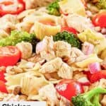 Closeup of chicken pasta salad on a platter.