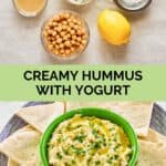 Creamy hummus ingredients and the hummus with pita bread.