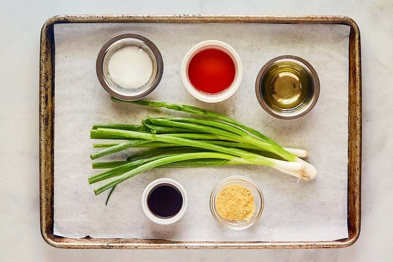 Green bulb  crockery   dressing ingredients connected  a tray.