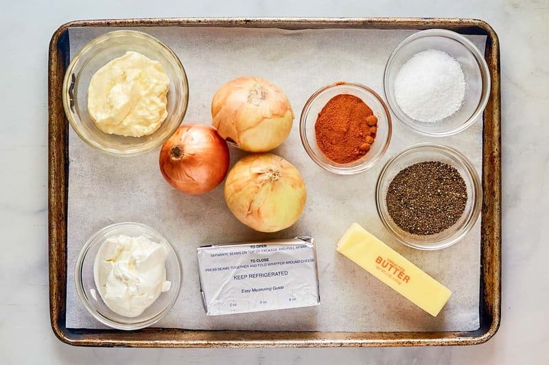 Ina Garten onion dip ingredients on a tray.
