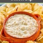 Ina Garten caramelized onion dip in a bowl and potato chips next to it.
