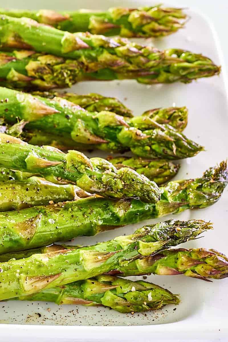 Roasted asparagus on a platter.