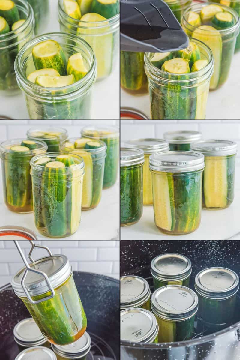 Collage of canning spicy dill pickles.