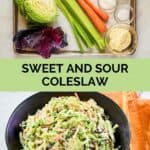 Sweet and sour coleslaw ingredients and the finished dish.