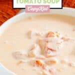 Homemade 4B's creamy tomato soup in a white bowl.