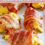 Closeup of air fryer bacon wrapped cheese stuffed jalapeno poppers.