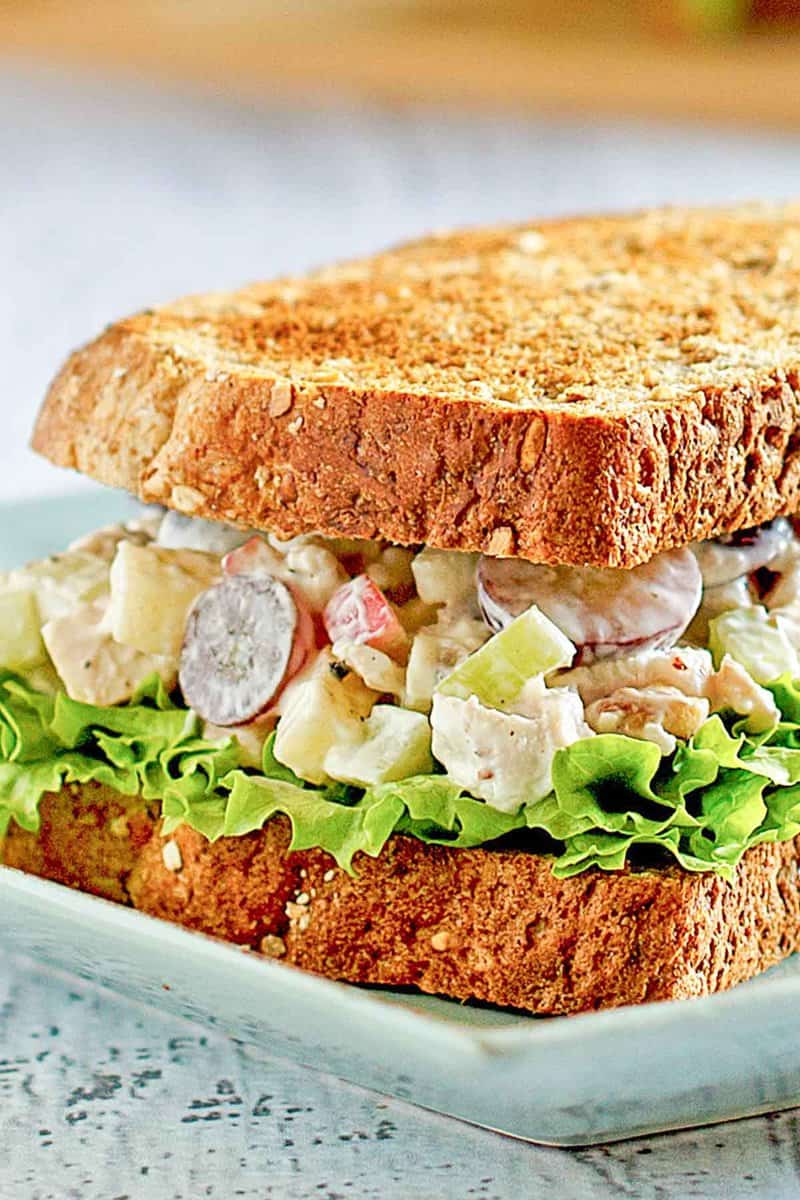 Closeup of copycat Arby's pecan chicken salad sandwich.