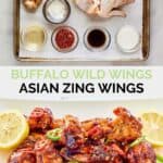 Copycat Buffalo Wild Wings Asian Zing wings ingredients and the finished wings on a plate.