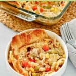 A bowl of chicken pot pie made with frozen vegetables and refrigerated pie crust.