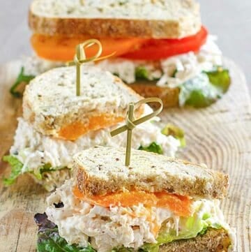 Sandwiches made with copycat Chicken Salad Chick Classic Carol chicken salad.