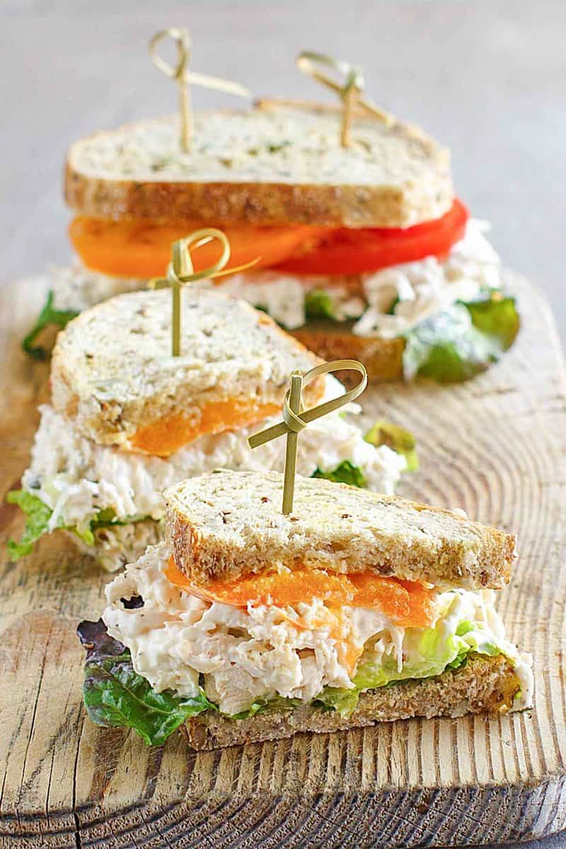 Sandwiches made with copycat Chicken Salad Chick Classic Carol chicken salad.