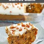 Copycat Cracker Barrel carrot cake with cream cheese frosting slice and a fork.