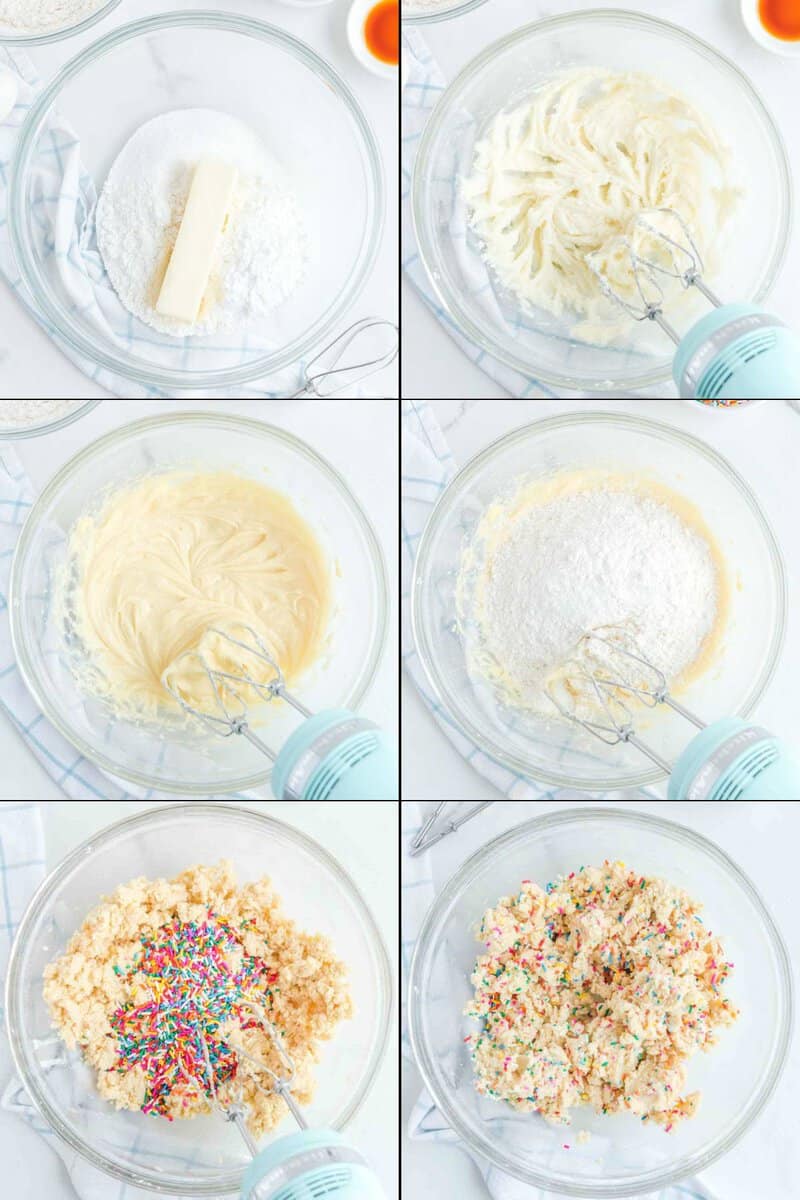 Collage of making dough for copycat Crumble birthday cake cookies.