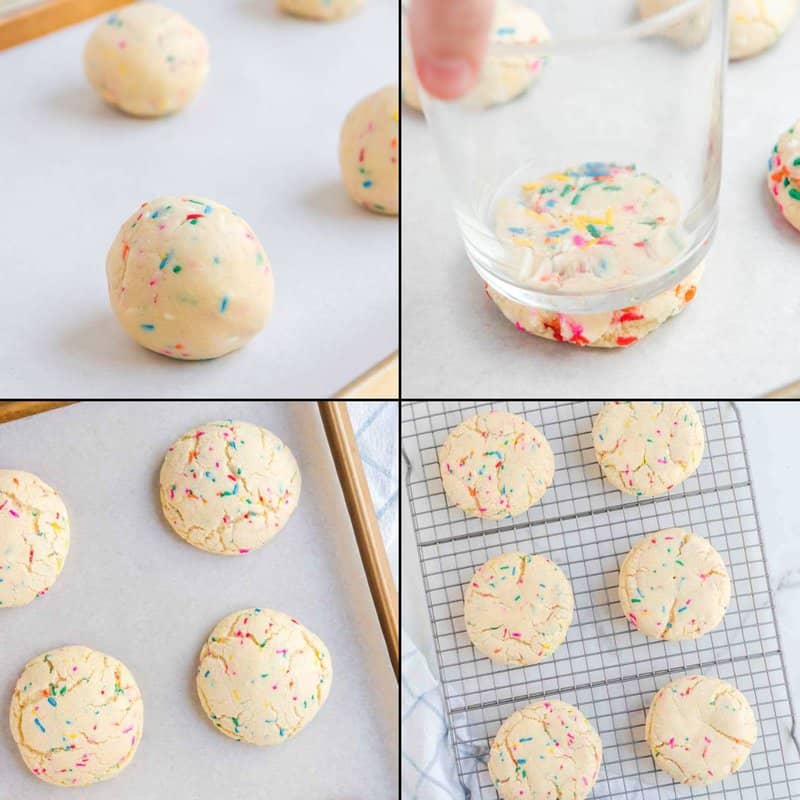 Collage of portioning and baking dough for copycat Crumble birthday cake cookies.