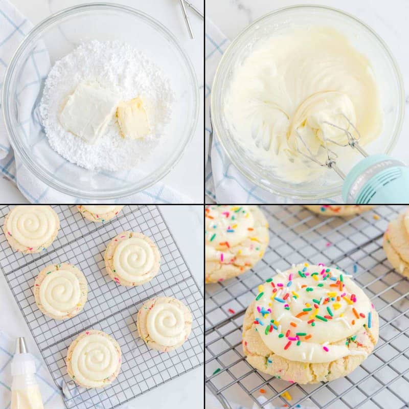 Collage of making cream cheese frosting for copycat Crumbl birthday cake cookies.