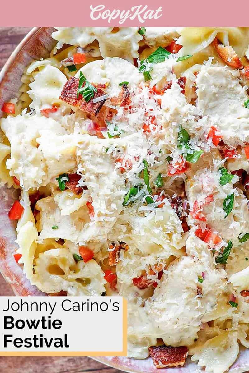 Overhead closeup of homemade Johnny Carino's bowtie festival pasta dish.