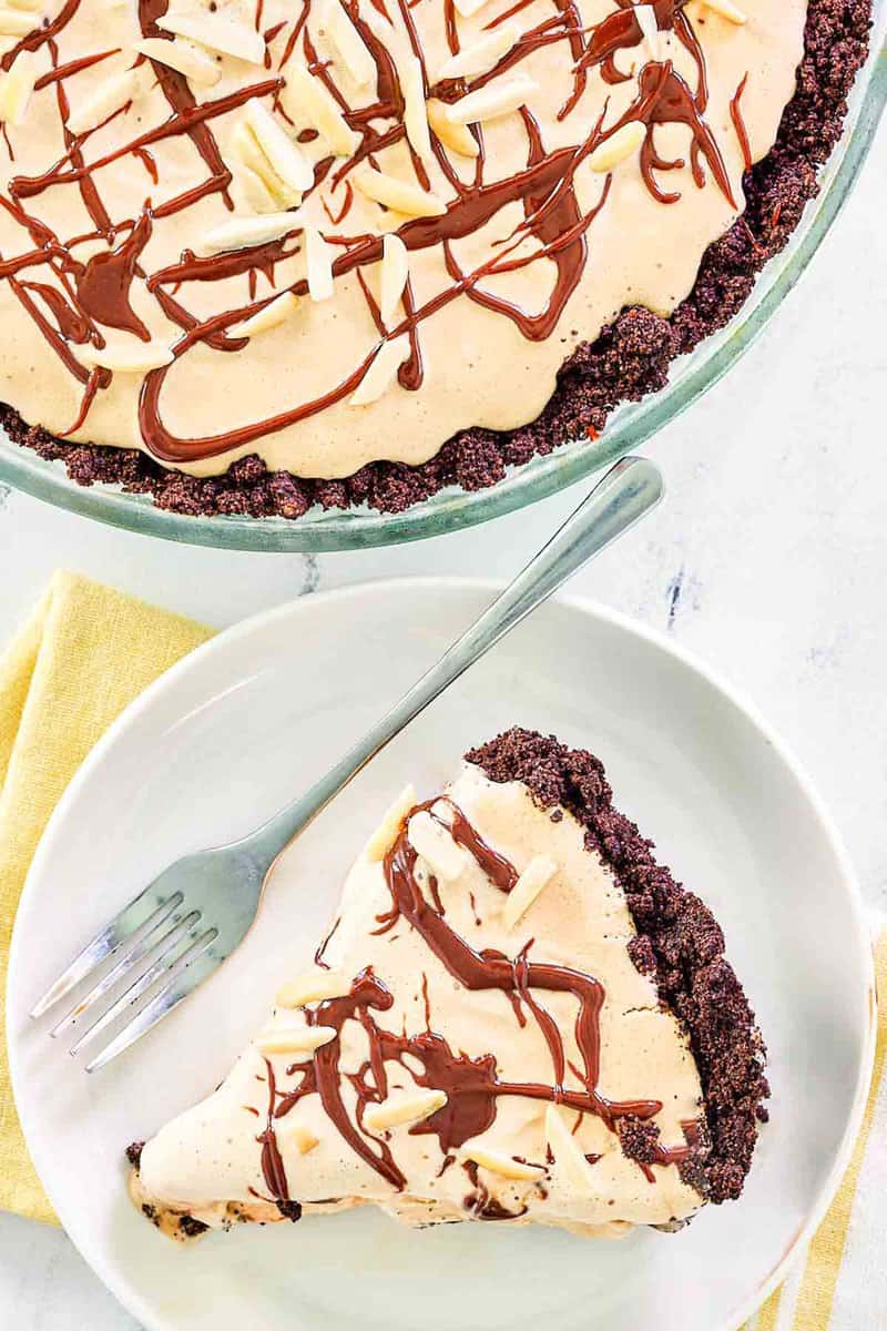 Overhead view of ice cream mud pie with Oreo crust.