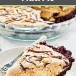 Ice cream mud pie with chocolate cookie crust slice on a plate.