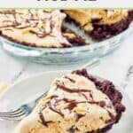 A slice of ice cream mud pie with chocolate cookie crust on a plate.
