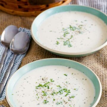 Homemade Grandma's old-fashioned potato soup in two bowls.