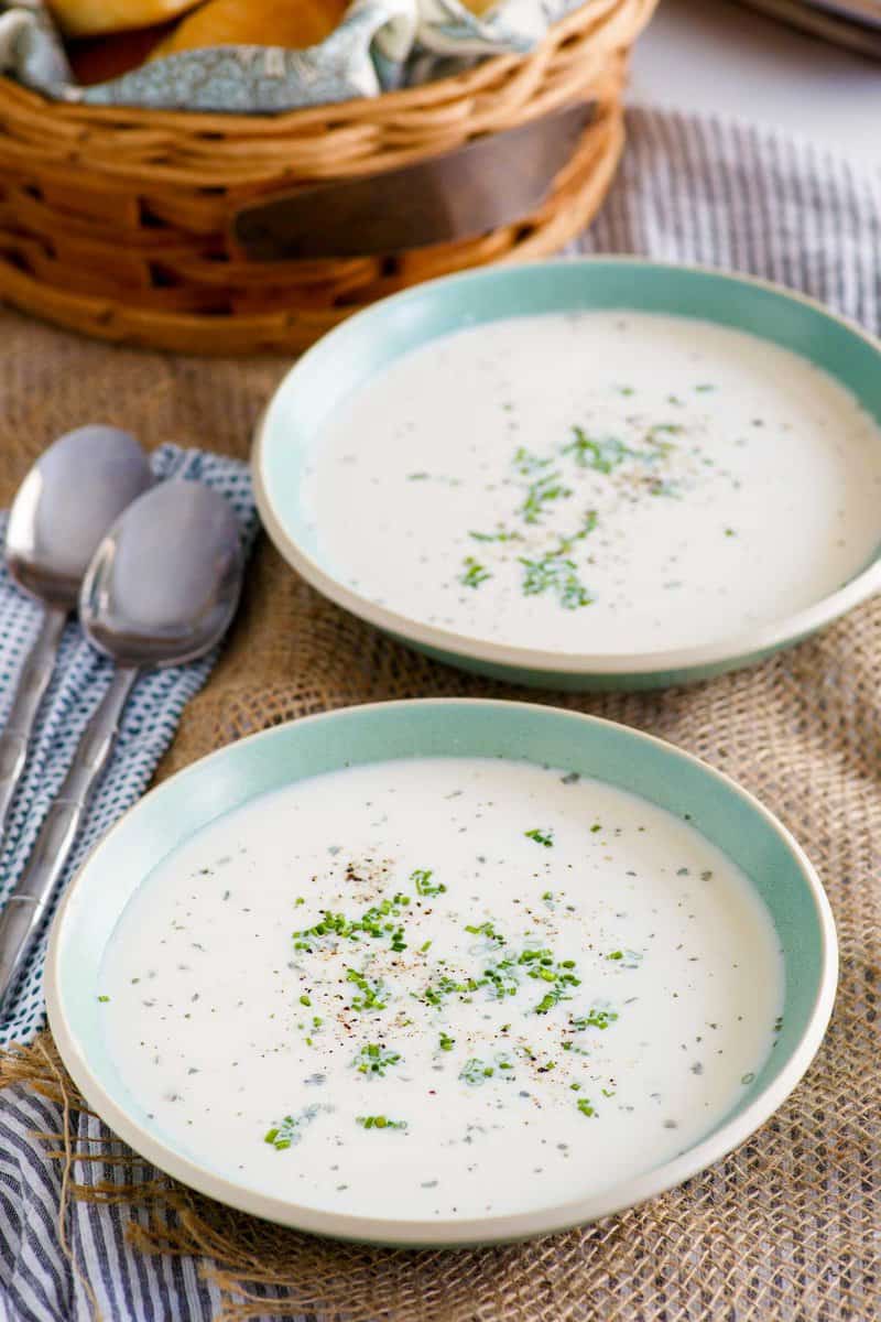 Homemade Grandma's old-fashioned potato soup in two bowls.