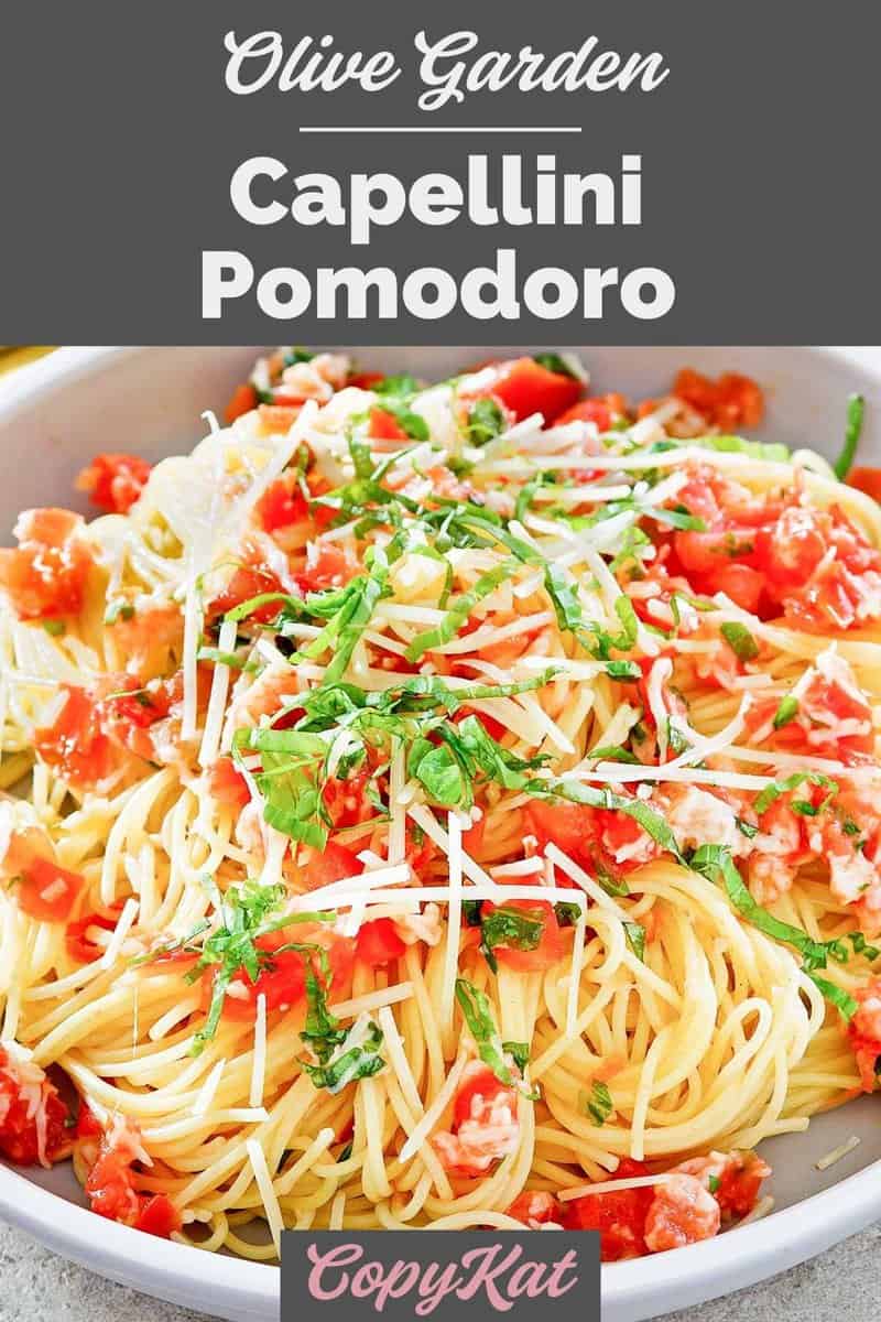 Copycat Olive Garden capellini pomodoro in a pasta bowl.