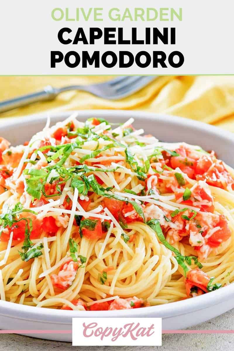 Closeup of homemade Olive Garden capellini pomodoro in a pasta bowl.