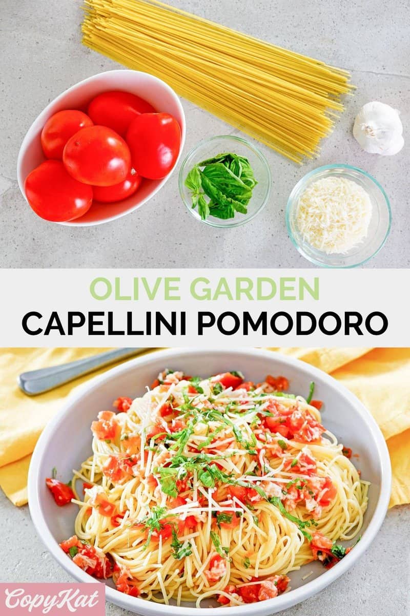 Copycat Olive Garden capellini pomodoro ingredients and the finished pasta dish.
