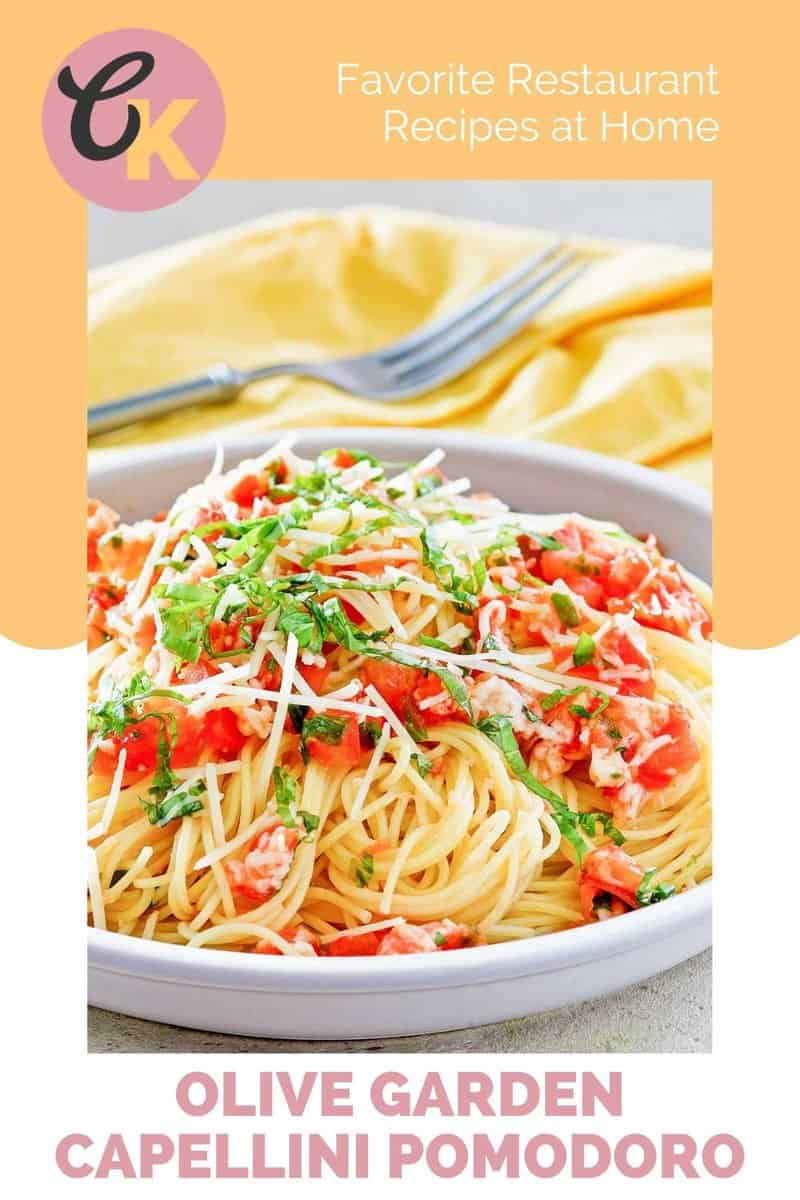 Homemade Olive Garden capellini pomodoro in a pasta bowl.