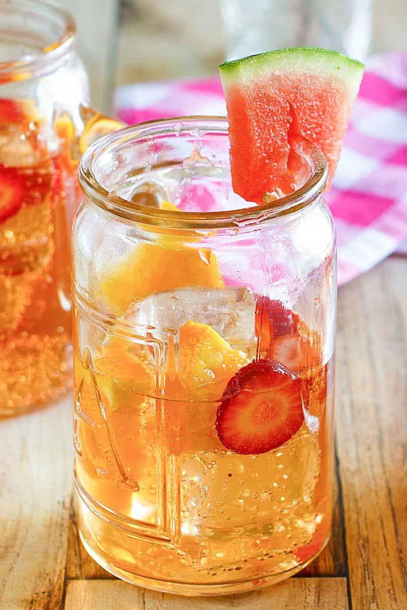 A glass of copycat Olive Garden watermelon moscato sangria.