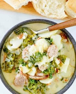 Overhead view of copycat Olive Garden Zuppa Toscana soup.