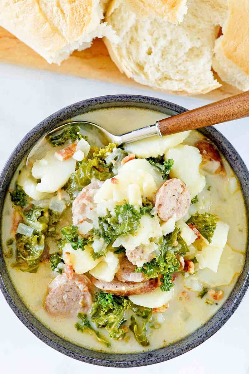 Overhead view of copycat Olive Garden Zuppa Toscana soup.