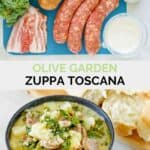 Copycat Olive Garden Zuppa Toscana ingredients and a bowl of the soup.