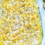Homemade Rudy's creamed corn in a serving dish.