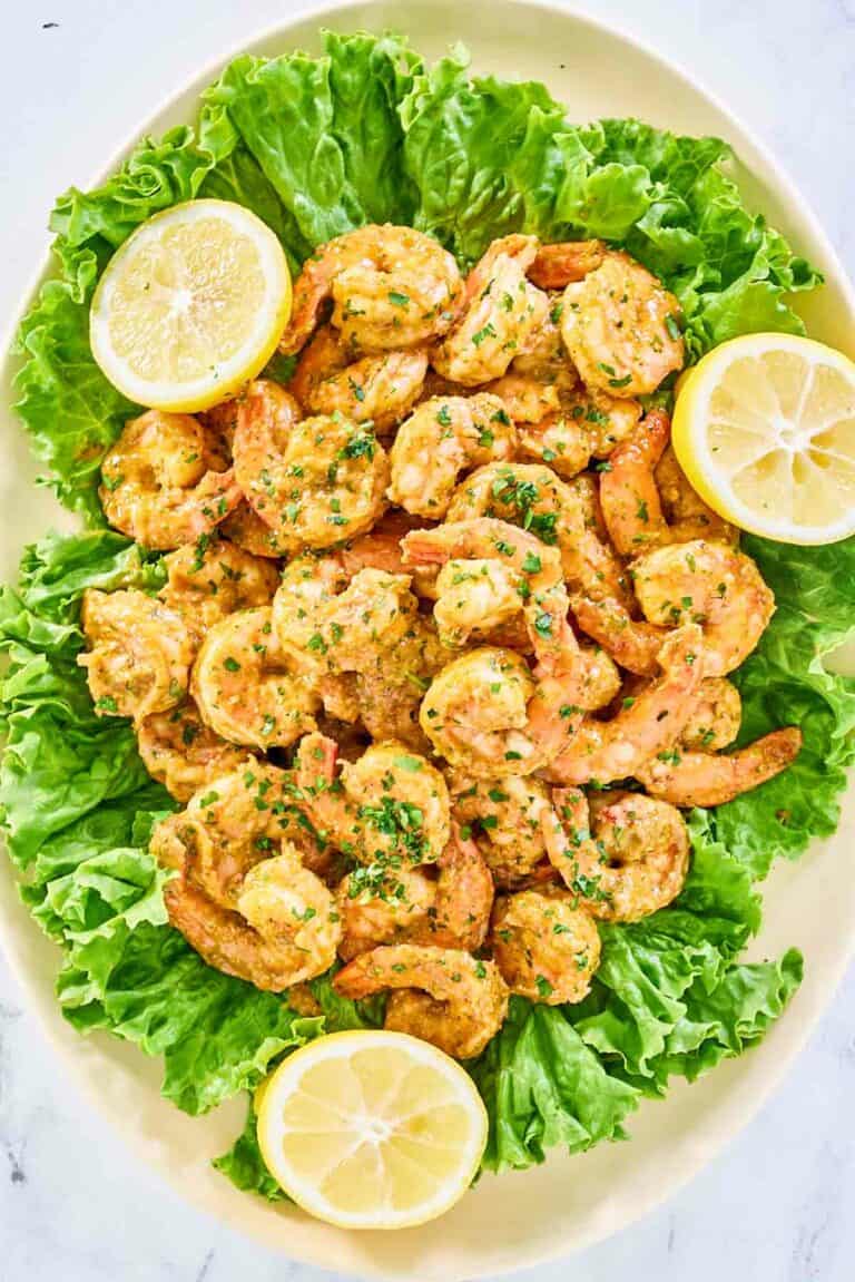 Overhead view of shrimp remoulade on a platter.