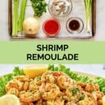 Shrimp remoulade ingredients and the finished dish.