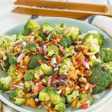 Copycat Sweet Tomatoes Joan's broccoli madness salad in a serving bowl.