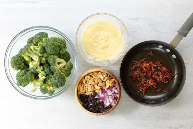 Prepping ingredients for broccoli salad.