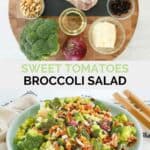 Copycat Sweet Tomatoes broccoli salad ingredient and the finished salad on a plate.