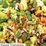 Closeup of homemade Sweet Tomatoes broccoli salad.