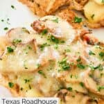 Closeup of homemade Texas Roadhouse smothered chicken.