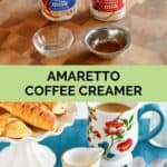 Homemade amaretto coffee creamer ingredients and the creamer in a small pitcher.