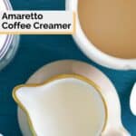 Closeup overhead view of homemade amaretto coffee creamer in a small pitcher.