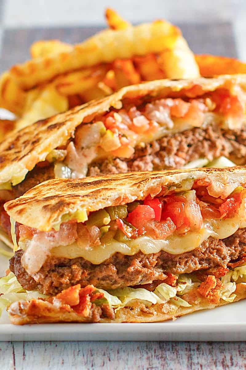 Closeup of a copycat Applebee's quesadilla burger.