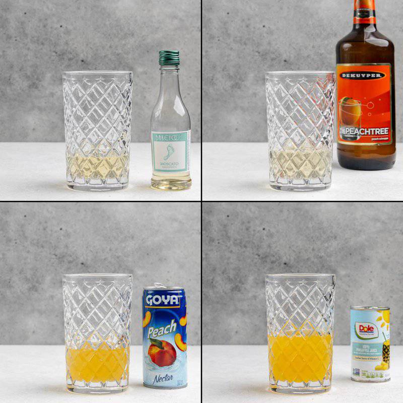 Collage of the first four steps for making a copycat Applebee's white peach sangria.