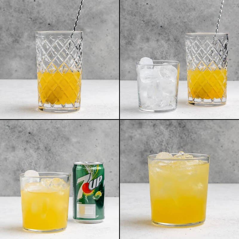 Collage of final steps of making a copycat Applebee's white peach sangria.