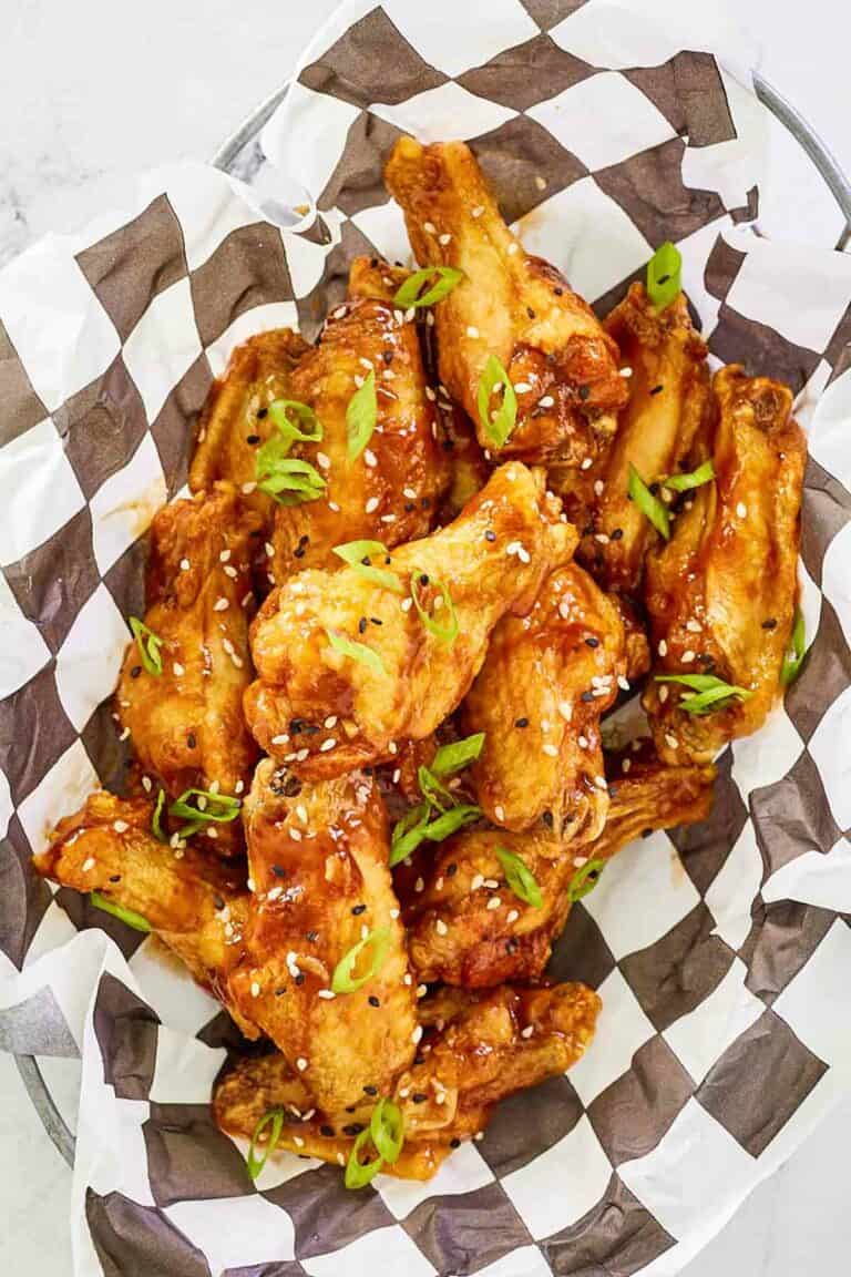 Overhead view of copycat Buffalo Wild Wings General Tso chicken wings.